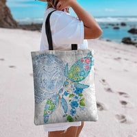 Hawaiian Couple Turtles Honi Tote Bag Polynesian Art Motifs and Hibiscus White Blue Color LT03 - Polynesian Pride