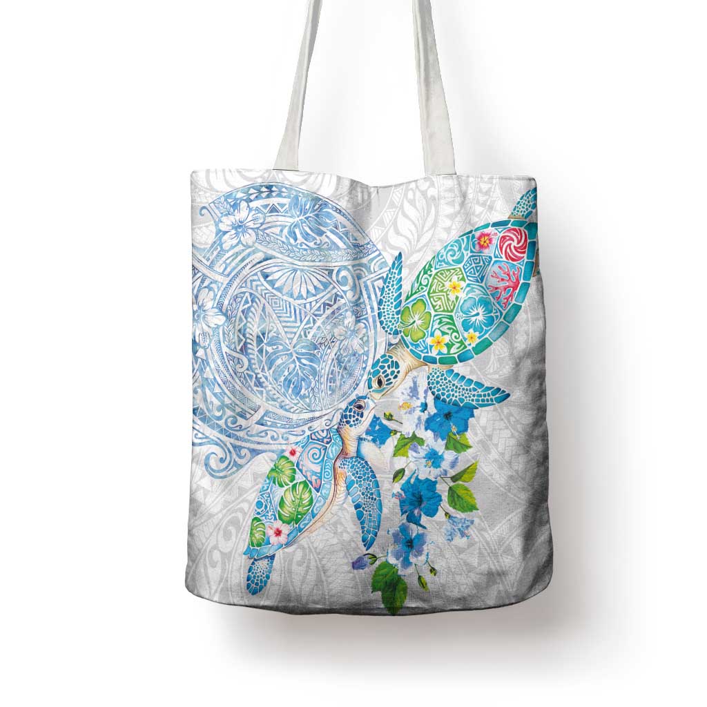 Hawaiian Couple Turtles Honi Tote Bag Polynesian Art Motifs and Hibiscus White Blue Color LT03 - Polynesian Pride