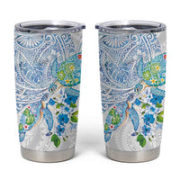 Hawaiian Couple Turtles Honi Tumbler Cup Polynesian Art Motifs and Hibiscus White Blue Color LT03 White - Polynesian Pride