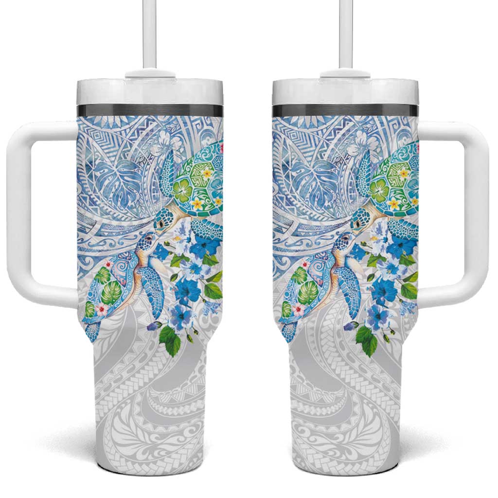 Hawaiian Couple Turtles Honi Tumbler With Handle Polynesian Art Motifs and Hibiscus White Blue Color LT03 One Size: 40 oz White - Polynesian Pride