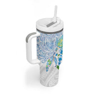 Hawaiian Couple Turtles Honi Tumbler With Handle Polynesian Art Motifs and Hibiscus White Blue Color LT03 - Polynesian Pride