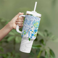 Hawaiian Couple Turtles Honi Tumbler With Handle Polynesian Art Motifs and Hibiscus White Blue Color LT03 - Polynesian Pride