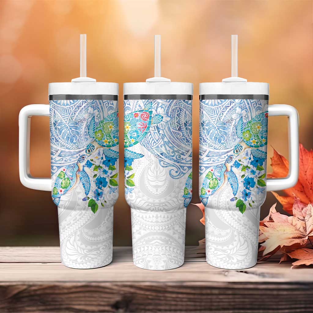 Hawaiian Couple Turtles Honi Tumbler With Handle Polynesian Art Motifs and Hibiscus White Blue Color LT03 - Polynesian Pride