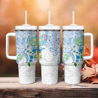 Hawaiian Couple Turtles Honi Tumbler With Handle Polynesian Art Motifs and Hibiscus White Blue Color LT03 - Polynesian Pride