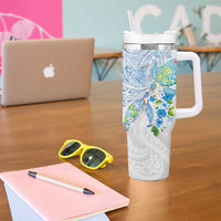Hawaiian Couple Turtles Honi Tumbler With Handle Polynesian Art Motifs and Hibiscus White Blue Color LT03 - Polynesian Pride