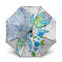Hawaiian Couple Turtles Honi Umbrella Polynesian Art Motifs and Hibiscus White Blue Color LT03 One Size Folded 11.42 inch Opened Diameter 37.4 inch White - Polynesian Pride