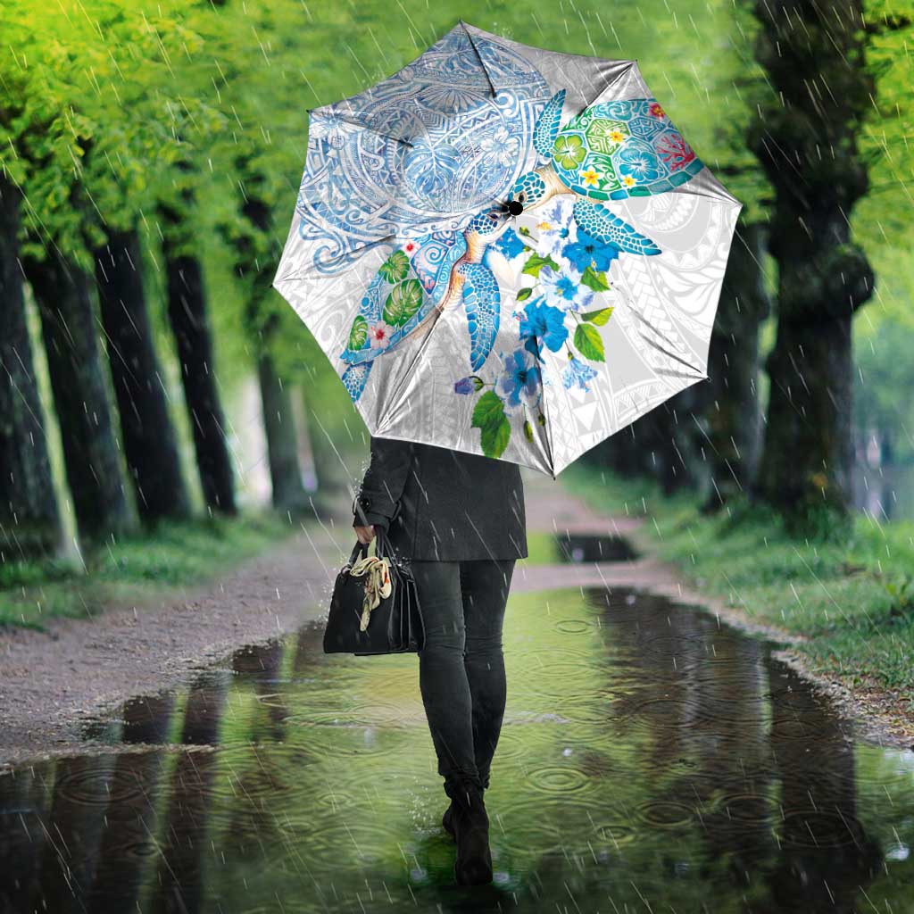 Hawaiian Couple Turtles Honi Umbrella Polynesian Art Motifs and Hibiscus White Blue Color LT03 - Polynesian Pride