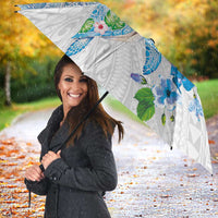 Hawaiian Couple Turtles Honi Umbrella Polynesian Art Motifs and Hibiscus White Blue Color LT03 - Polynesian Pride