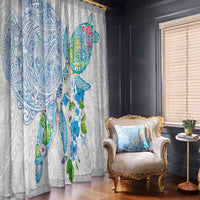 Hawaiian Couple Turtles Honi Window Curtain Polynesian Art Motifs and Hibiscus White Blue Color LT03 - Polynesian Pride