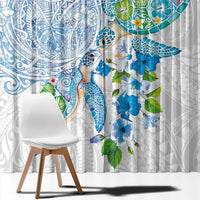Hawaiian Couple Turtles Honi Window Curtain Polynesian Art Motifs and Hibiscus White Blue Color LT03 - Polynesian Pride