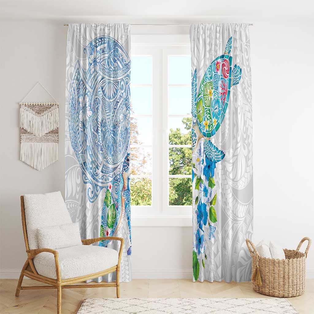 Hawaiian Couple Turtles Honi Window Curtain Polynesian Art Motifs and Hibiscus White Blue Color LT03 - Polynesian Pride