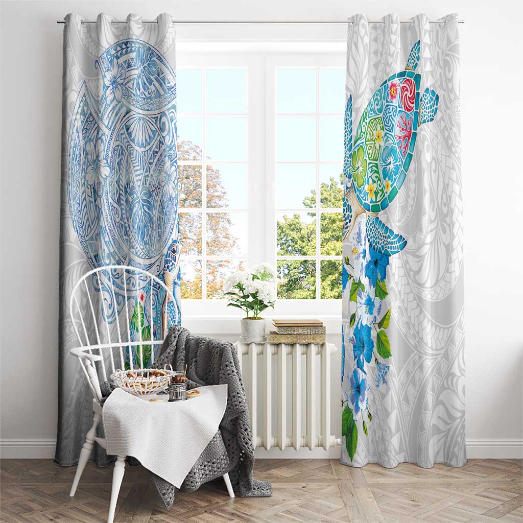 Hawaiian Couple Turtles Honi Window Curtain Polynesian Art Motifs and Hibiscus White Blue Color LT03 - Polynesian Pride