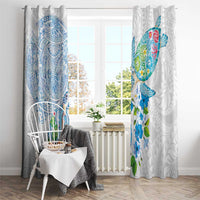 Hawaiian Couple Turtles Honi Window Curtain Polynesian Art Motifs and Hibiscus White Blue Color LT03 - Polynesian Pride