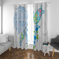 Hawaiian Couple Turtles Honi Window Curtain Polynesian Art Motifs and Hibiscus White Blue Color LT03 With Grommets White - Polynesian Pride