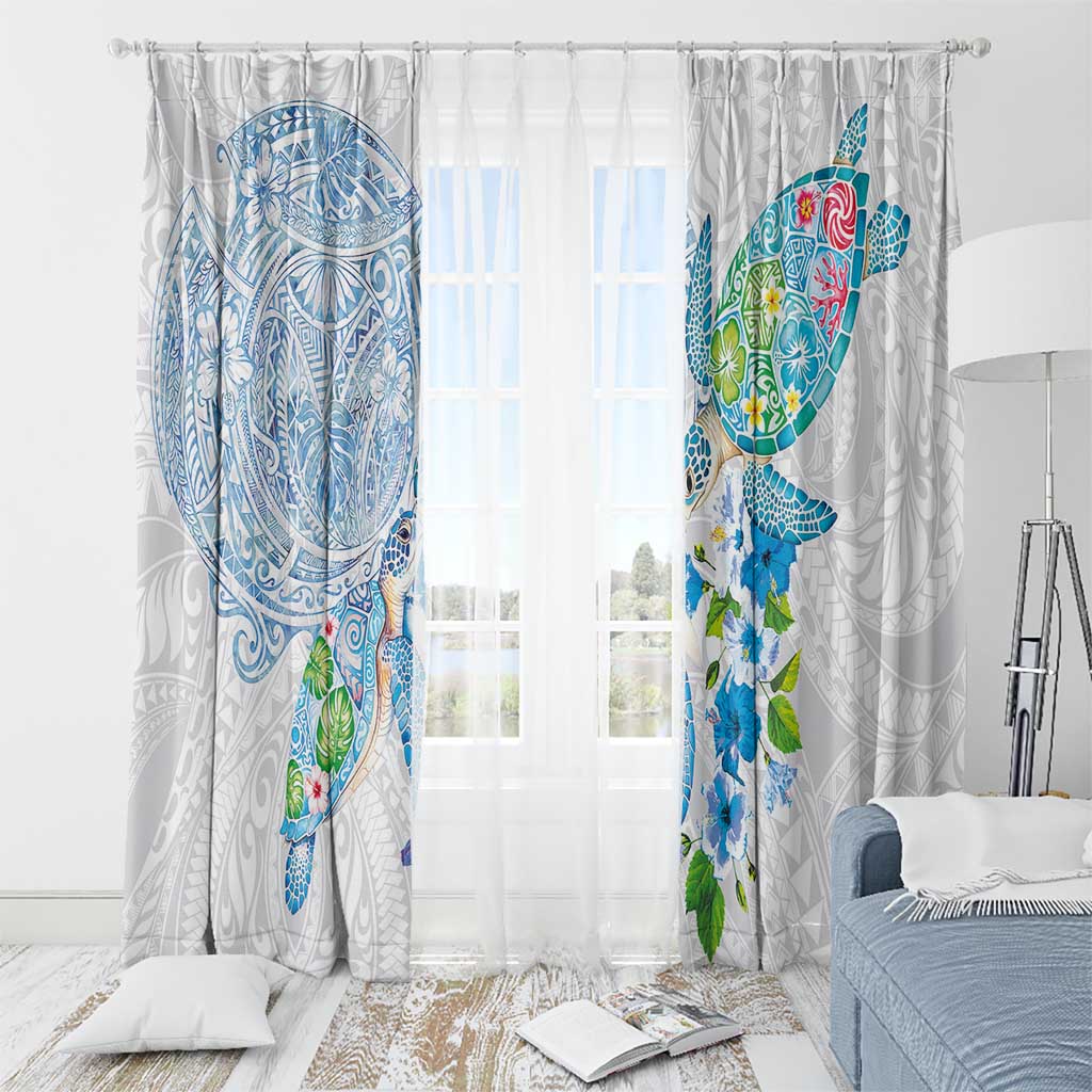 Hawaiian Couple Turtles Honi Window Curtain Polynesian Art Motifs and Hibiscus White Blue Color LT03 - Polynesian Pride