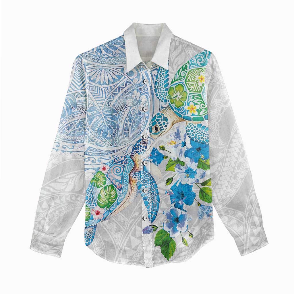 Hawaiian Couple Turtles Honi Women Casual Shirt Polynesian Art Motifs and Hibiscus White Blue Color - Polynesian Pride