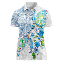 Hawaiian Couple Turtles Honi Women Polo Shirt Polynesian Art Motifs and Hibiscus White Blue Color - Polynesian Pride