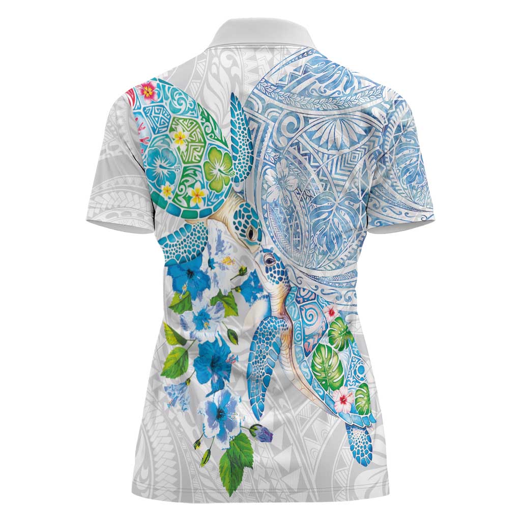 Hawaiian Couple Turtles Honi Women Polo Shirt Polynesian Art Motifs and Hibiscus White Blue Color - Polynesian Pride