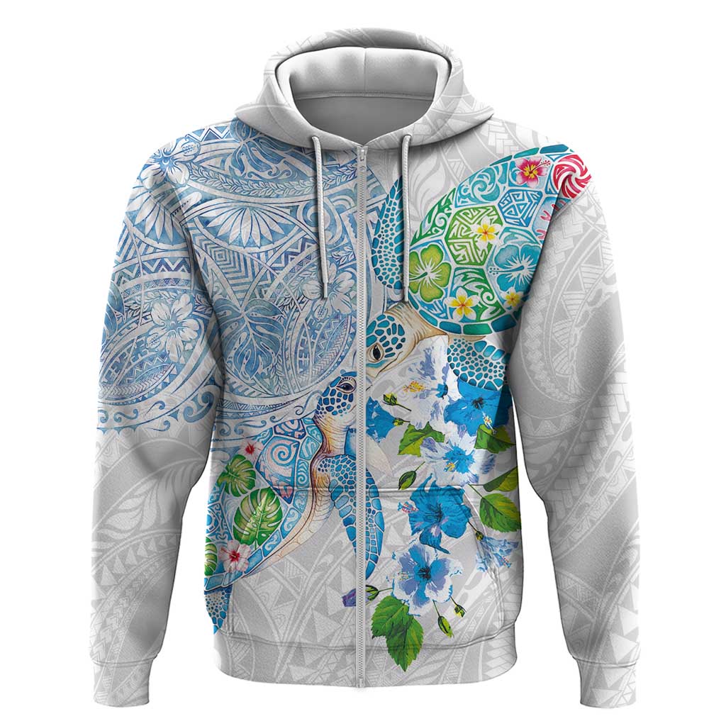 Hawaiian Couple Turtles Honi Zip Hoodie Polynesian Art Motifs and Hibiscus White Blue Color LT03 Zip Hoodie White - Polynesian Pride