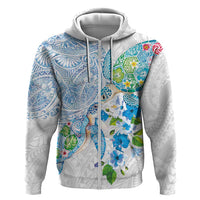 Hawaiian Couple Turtles Honi Zip Hoodie Polynesian Art Motifs and Hibiscus White Blue Color LT03 Zip Hoodie White - Polynesian Pride