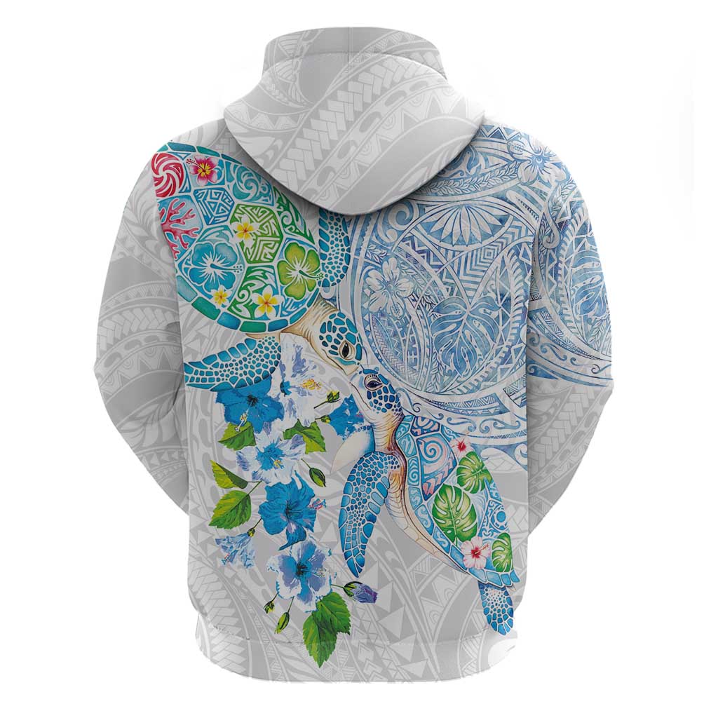 Hawaiian Couple Turtles Honi Zip Hoodie Polynesian Art Motifs and Hibiscus White Blue Color LT03 - Polynesian Pride