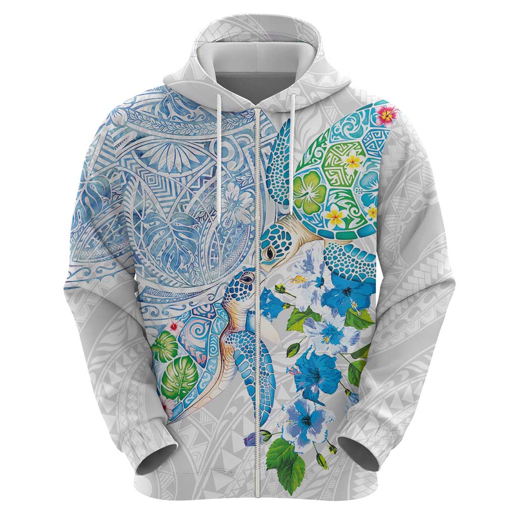 Hawaiian Couple Turtles Honi Zip Hoodie Polynesian Art Motifs and Hibiscus White Blue Color LT03 - Polynesian Pride