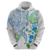 Hawaiian Couple Turtles Honi Zip Hoodie Polynesian Art Motifs and Hibiscus White Blue Color LT03 - Polynesian Pride