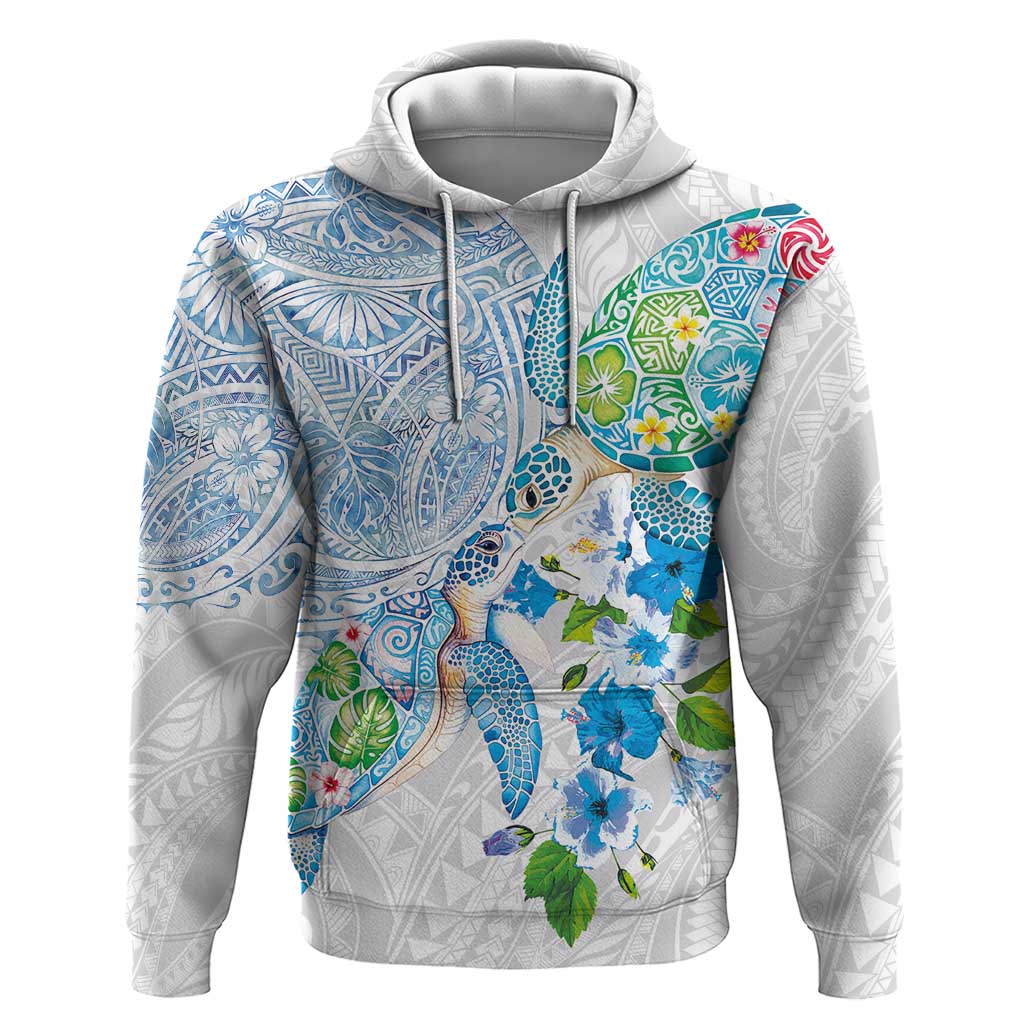 Hawaiian Couple Turtles Honi Zip Hoodie Polynesian Art Motifs and Hibiscus White Blue Color LT03 Pullover Hoodie White - Polynesian Pride