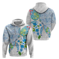 Hawaiian Couple Turtles Honi Zip Hoodie Polynesian Art Motifs and Hibiscus White Blue Color LT03 - Polynesian Pride