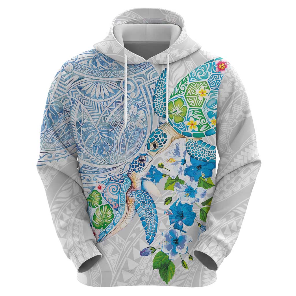 Hawaiian Couple Turtles Honi Zip Hoodie Polynesian Art Motifs and Hibiscus White Blue Color LT03 - Polynesian Pride