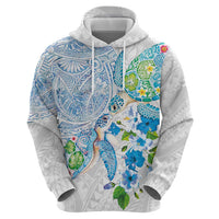 Hawaiian Couple Turtles Honi Zip Hoodie Polynesian Art Motifs and Hibiscus White Blue Color LT03 - Polynesian Pride