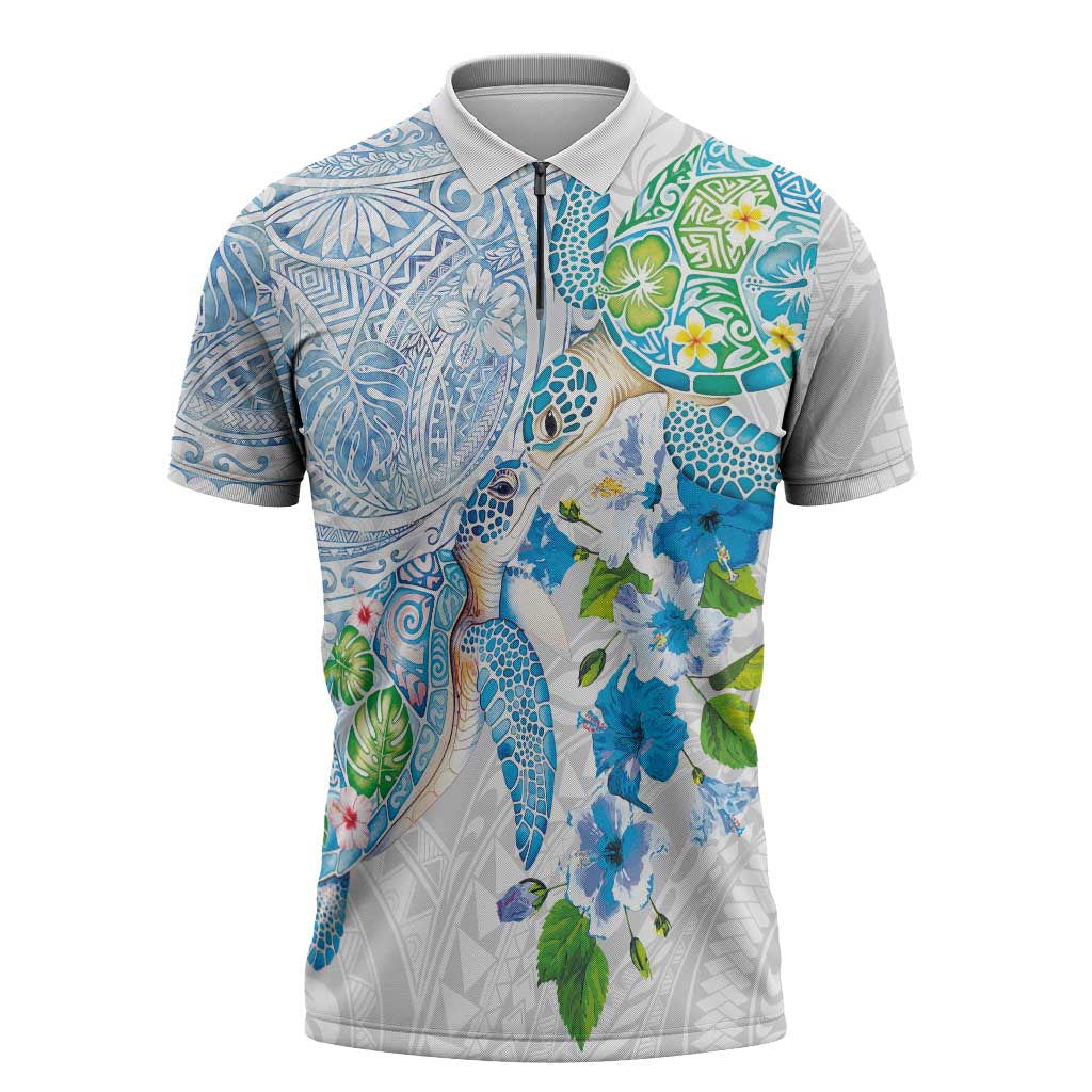 Hawaiian Couple Turtles Honi Zipper Polo Shirt Polynesian Art Motifs and Hibiscus White Blue Color LT03 White - Polynesian Pride