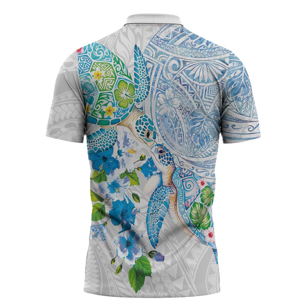 Hawaiian Couple Turtles Honi Zipper Polo Shirt Polynesian Art Motifs and Hibiscus White Blue Color LT03 - Polynesian Pride