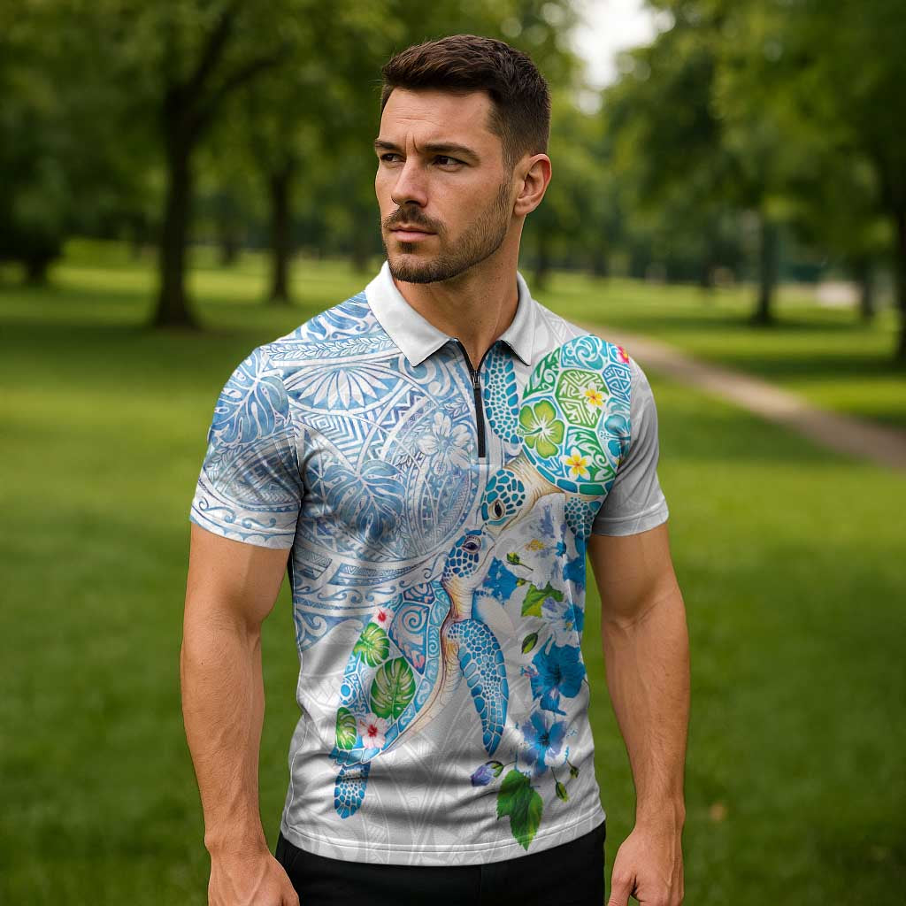 Hawaiian Couple Turtles Honi Zipper Polo Shirt Polynesian Art Motifs and Hibiscus White Blue Color LT03 - Polynesian Pride