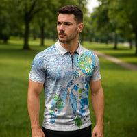 Hawaiian Couple Turtles Honi Zipper Polo Shirt Polynesian Art Motifs and Hibiscus White Blue Color LT03 - Polynesian Pride