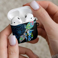 Hawaiian Couple Turtles Honi AirPods Case Polynesian Art Motifs and Hibiscus Black Blue Color LT03 - Polynesian Pride