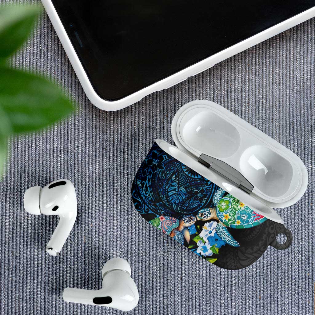 Hawaiian Couple Turtles Honi AirPods Case Polynesian Art Motifs and Hibiscus Black Blue Color LT03 - Polynesian Pride