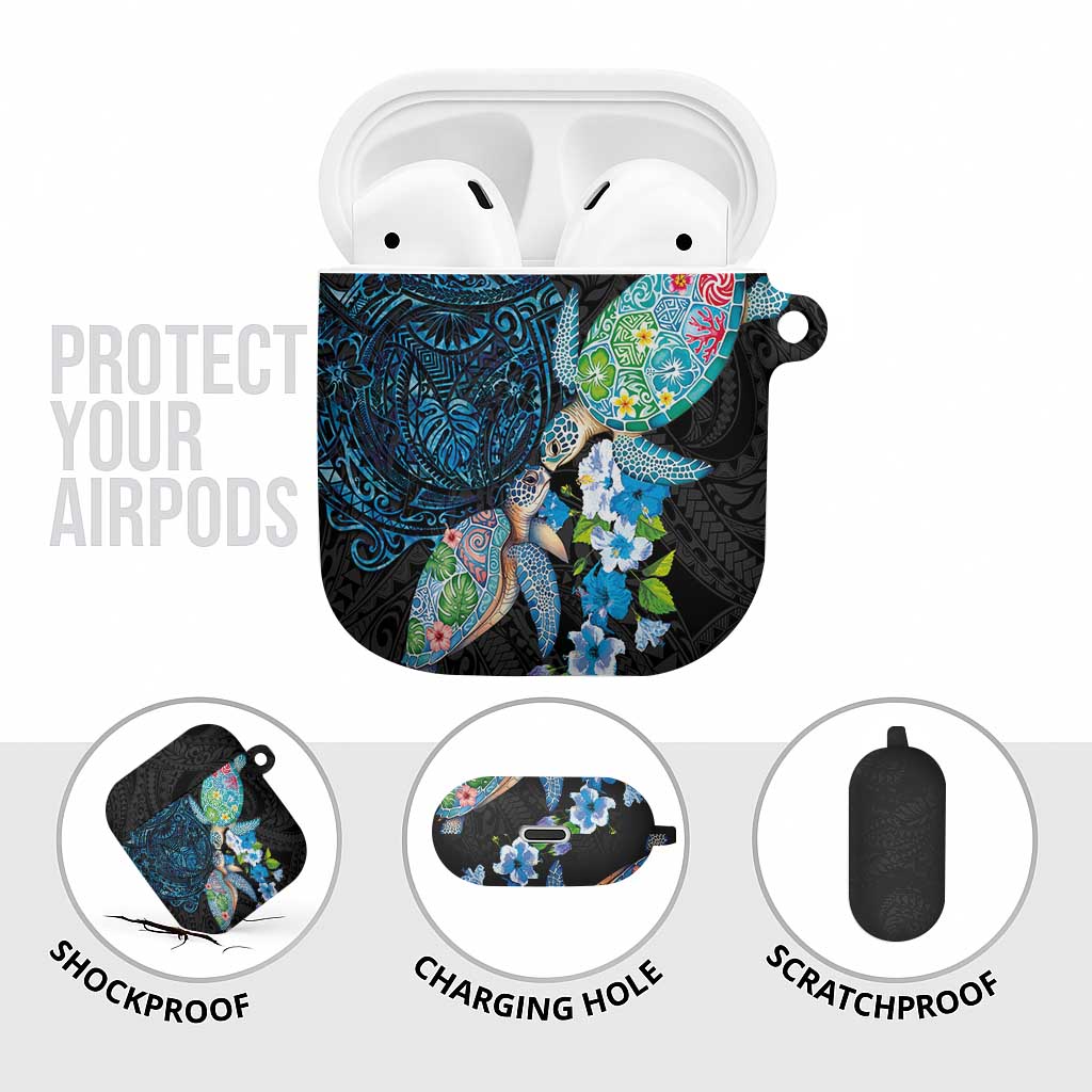 Hawaiian Couple Turtles Honi AirPods Case Polynesian Art Motifs and Hibiscus Black Blue Color LT03 - Polynesian Pride