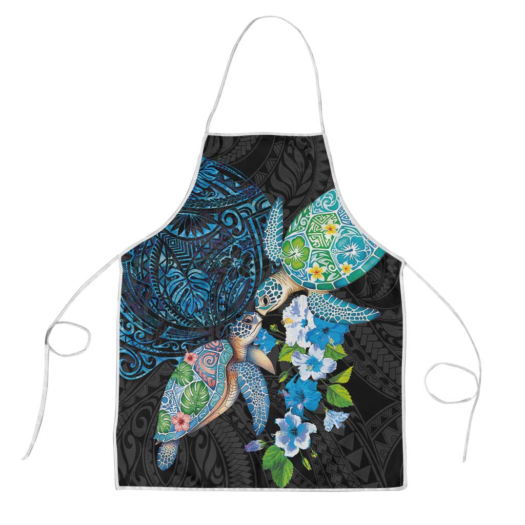 Hawaiian Couple Turtles Honi Apron Polynesian Art Motifs and Hibiscus Black Blue Color - Polynesian Pride