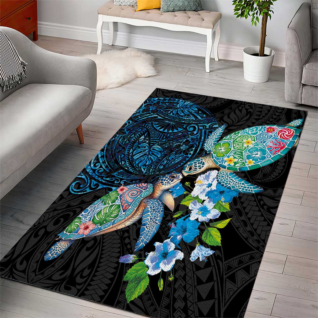 Hawaiian Couple Turtles Honi Area Rug Polynesian Art Motifs and Hibiscus Black Blue Color LT03 - Polynesian Pride
