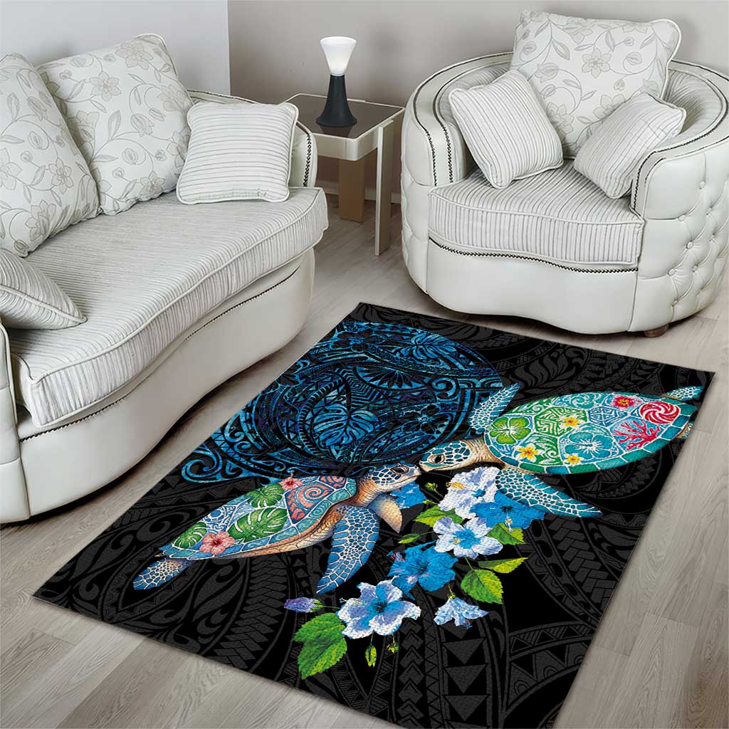 Hawaiian Couple Turtles Honi Area Rug Polynesian Art Motifs and Hibiscus Black Blue Color LT03 - Polynesian Pride
