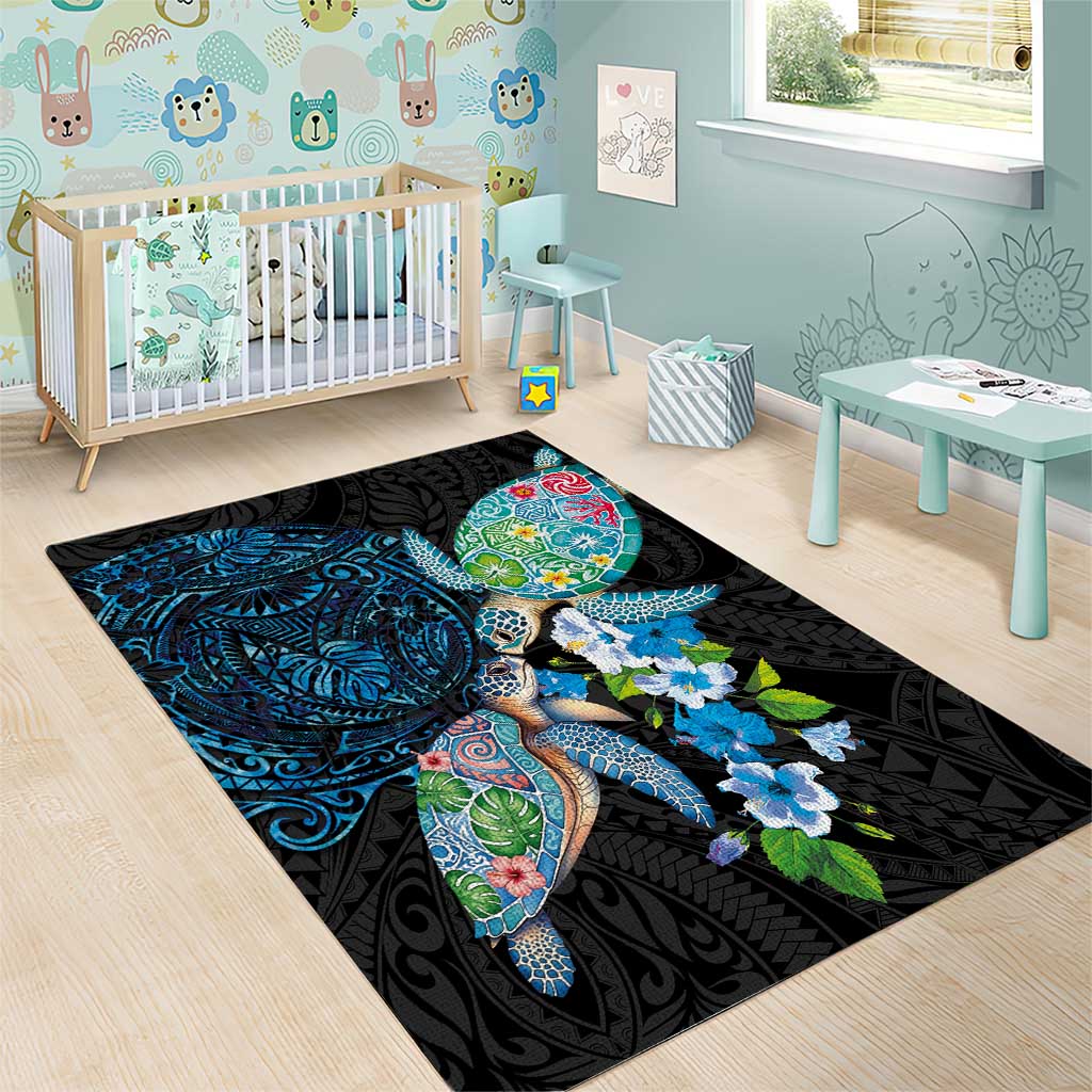 Hawaiian Couple Turtles Honi Area Rug Polynesian Art Motifs and Hibiscus Black Blue Color LT03 - Polynesian Pride