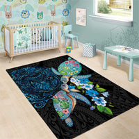 Hawaiian Couple Turtles Honi Area Rug Polynesian Art Motifs and Hibiscus Black Blue Color LT03 - Polynesian Pride