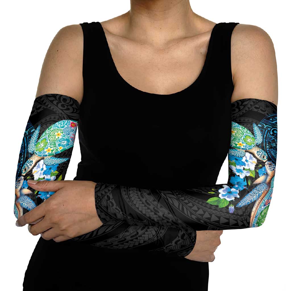 Hawaiian Couple Turtles Honi Arm Sleeves Polynesian Art Motifs and Hibiscus Black Blue Color LT03 - Polynesian Pride