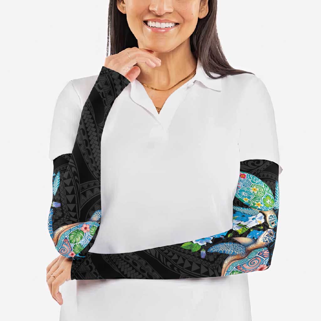 Hawaiian Couple Turtles Honi Arm Sleeves Polynesian Art Motifs and Hibiscus Black Blue Color LT03 - Polynesian Pride