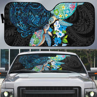 Hawaiian Couple Turtles Honi Auto Sun Shade Polynesian Art Motifs and Hibiscus Black Blue Color LT03 Black - Polynesian Pride