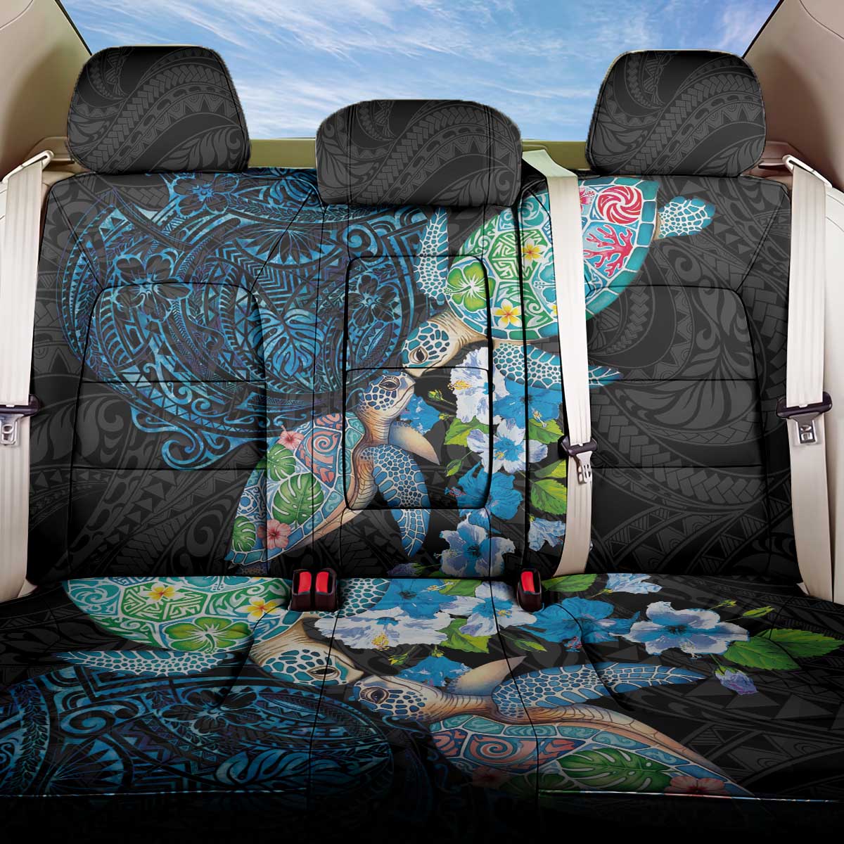 Hawaiian Couple Turtles Honi Back Car Seat Cover Polynesian Art Motifs and Hibiscus Black Blue Color LT03 One Size Black - Polynesian Pride