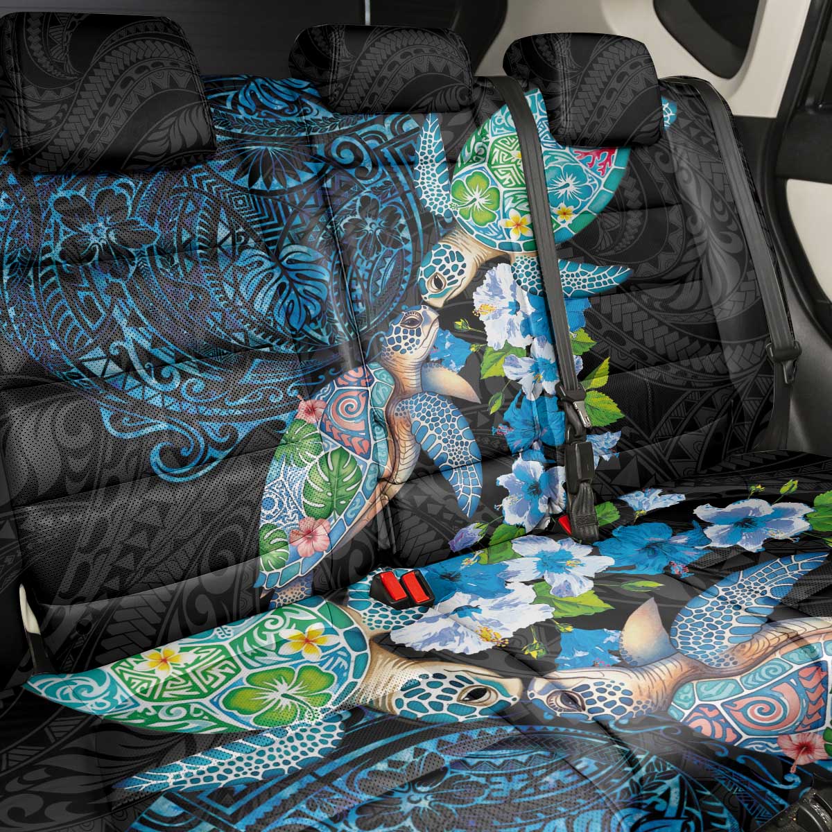 Hawaiian Couple Turtles Honi Back Car Seat Cover Polynesian Art Motifs and Hibiscus Black Blue Color LT03 - Polynesian Pride