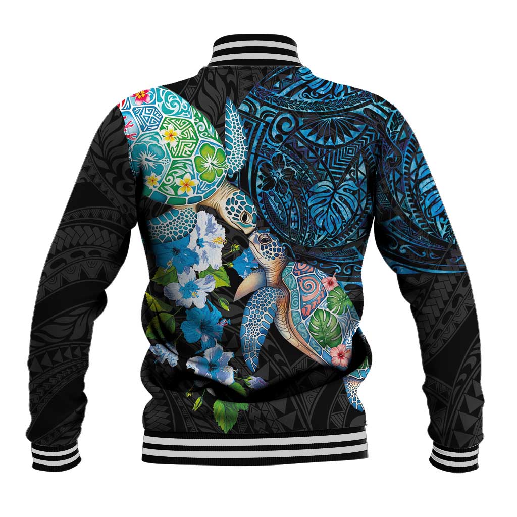 Hawaiian Couple Turtles Honi Baseball Jacket Polynesian Art Motifs and Hibiscus Black Blue Color LT03 - Polynesian Pride