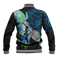 Hawaiian Couple Turtles Honi Baseball Jacket Polynesian Art Motifs and Hibiscus Black Blue Color LT03 - Polynesian Pride